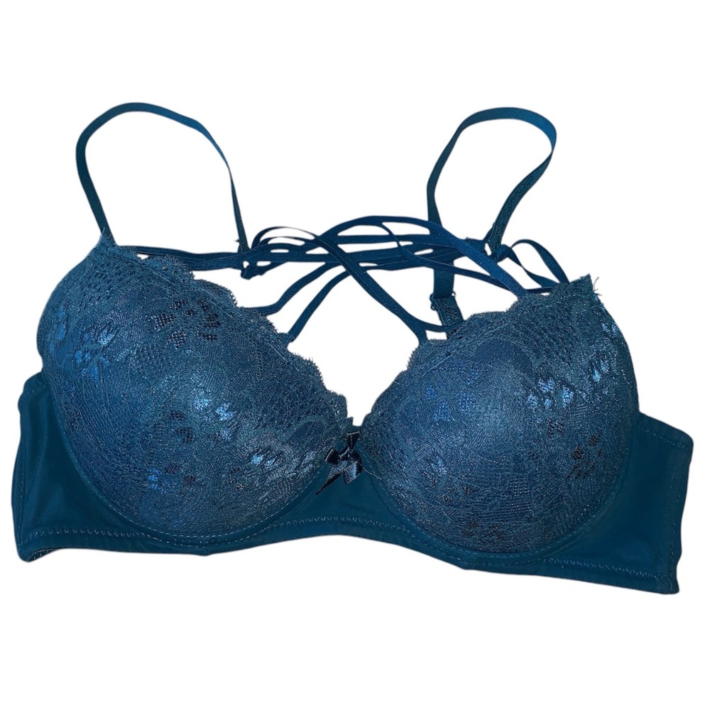 Bella Blue Lace Padded‎ Bra With Strappy Front Size 38B
